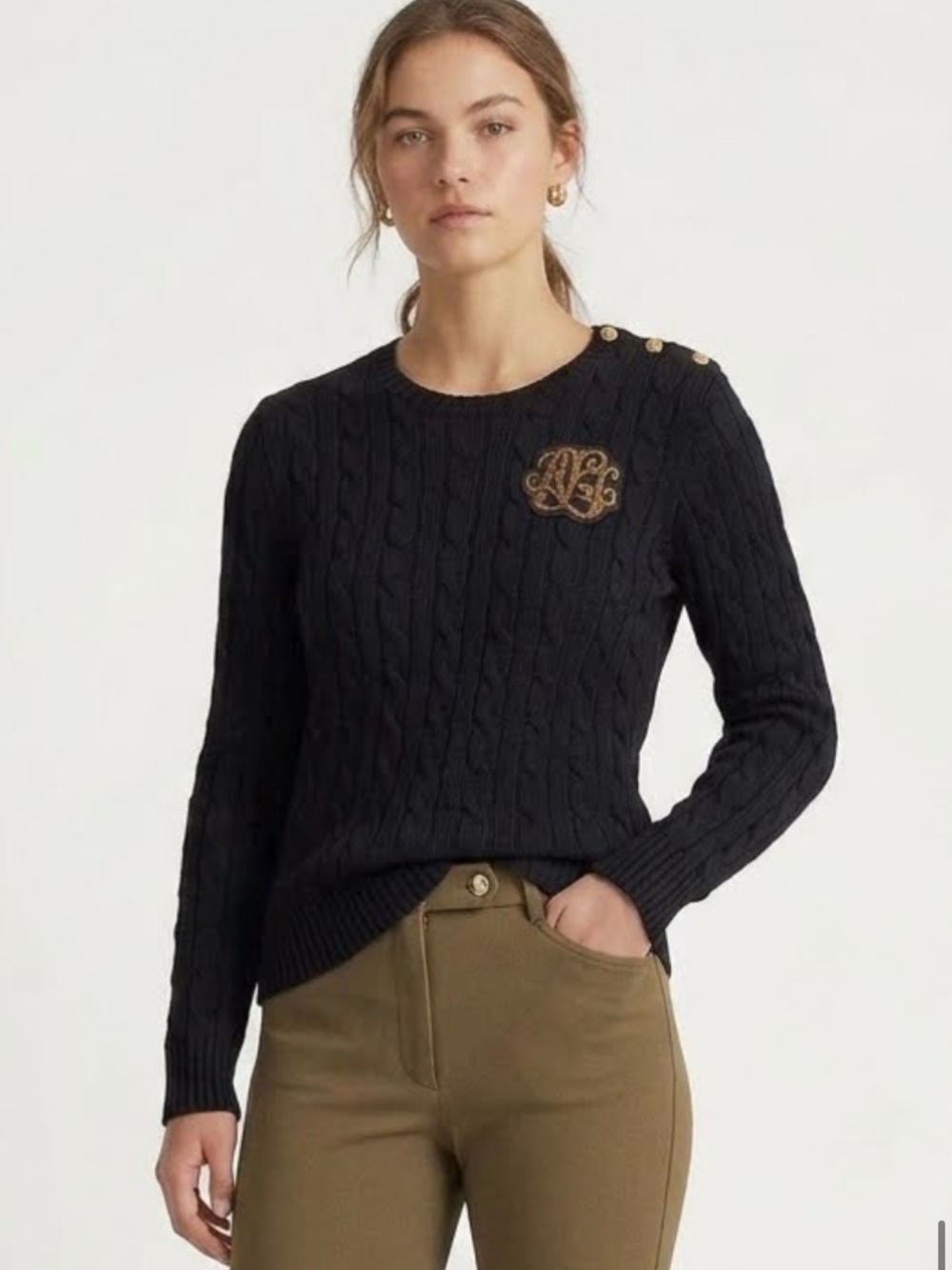 Ralph Lauren LRL Embroidered Crest Cable Knit Sweater Large Black Gold Buttons